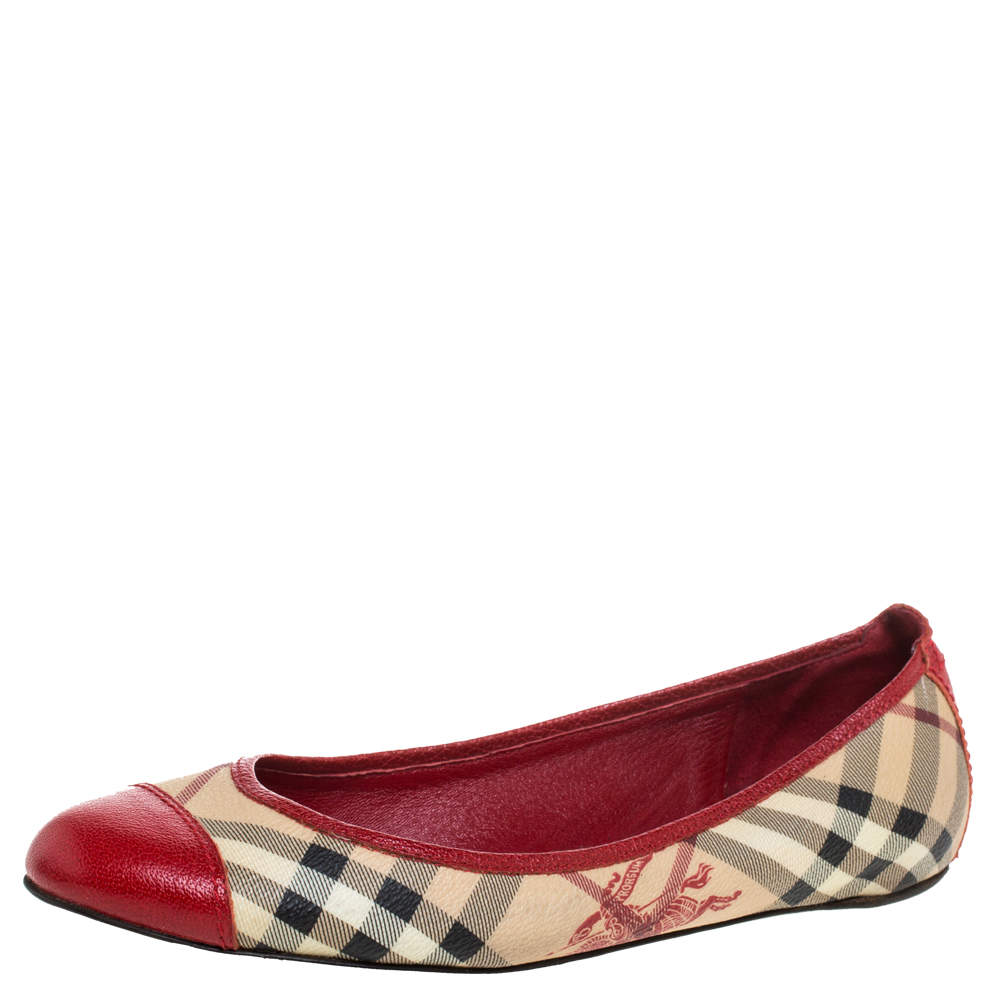 Pre Owned Burberry Beige/Red Coated Canvas And Leather Round Cap Toe Ballet Flats Size 39