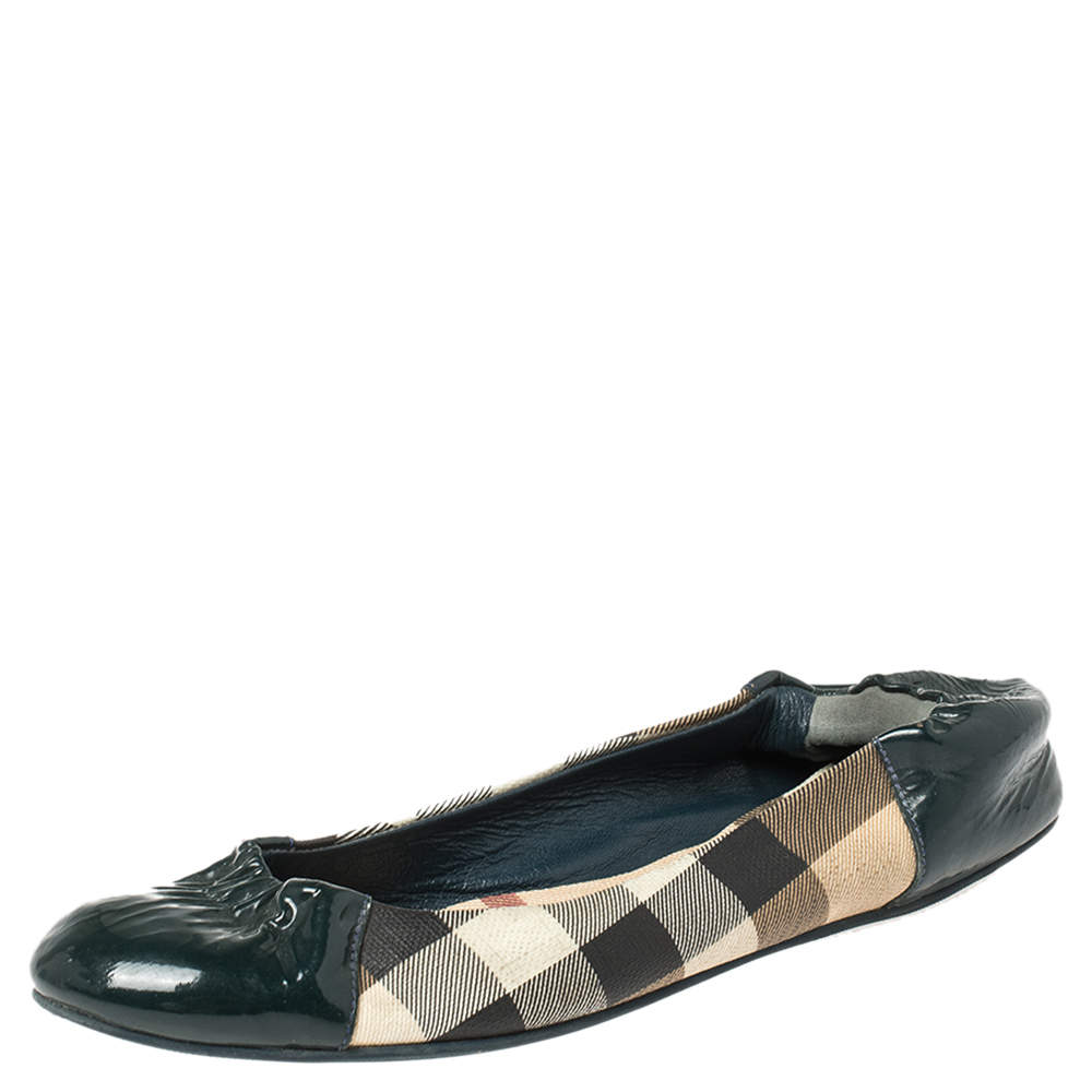 Burberry Green Patent Leather and Nova Check Canvas Scrunch Ballet Flats Size 36.5