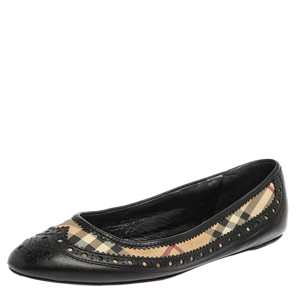 Burberry Black/Beige Nova Check Coated Canvas and Brogue Leather Ballet Flats Size 40