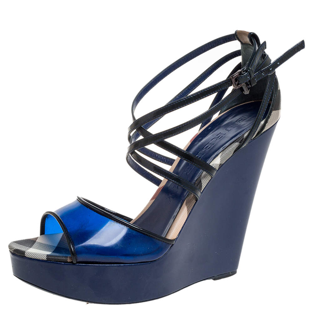 Pre Owned Burberry Blue Patent Leather, PVC and Check Canvas Ankle Strap Wedge Platform Sandals Size 41