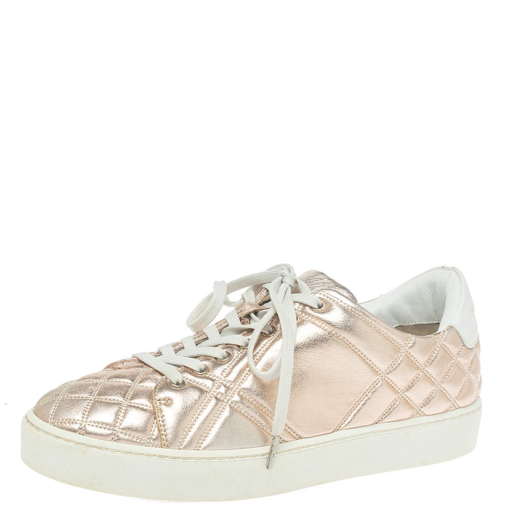 Burberry Metalic Pink Quilted Leather Westford Low Top Sneakers Size 37.5
