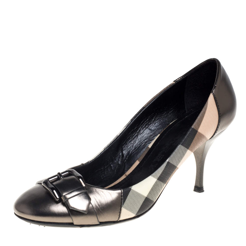 Burberry Metallic Grey House Check Canvas And Leather Pumps Size 37