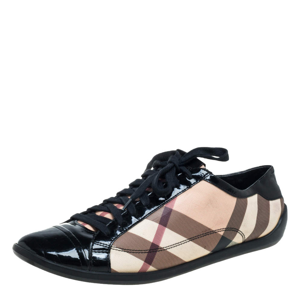 Burberry Black Patent Leather And Nova Check Coated Canvas Cap Toe Sneakers Size 40