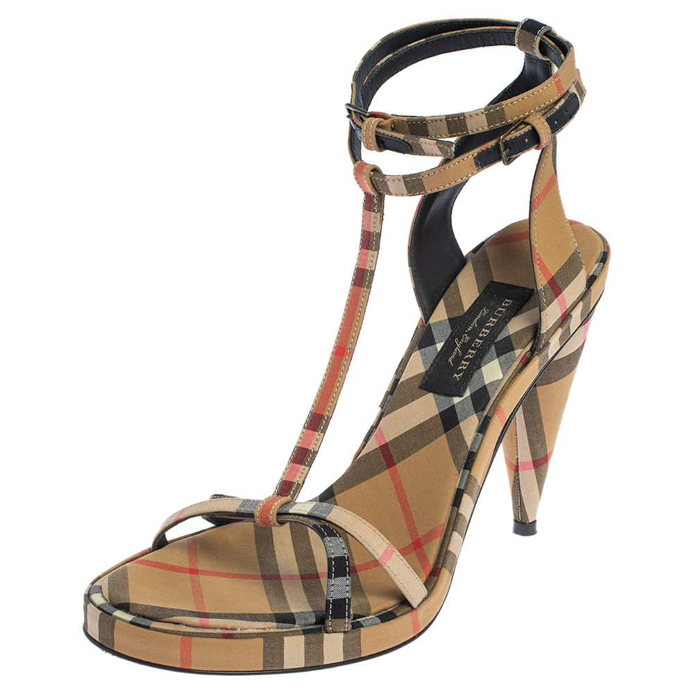 Pre Owned Burberry Beige Novacheck Canvas Hans T-Strap Sandals Size 37