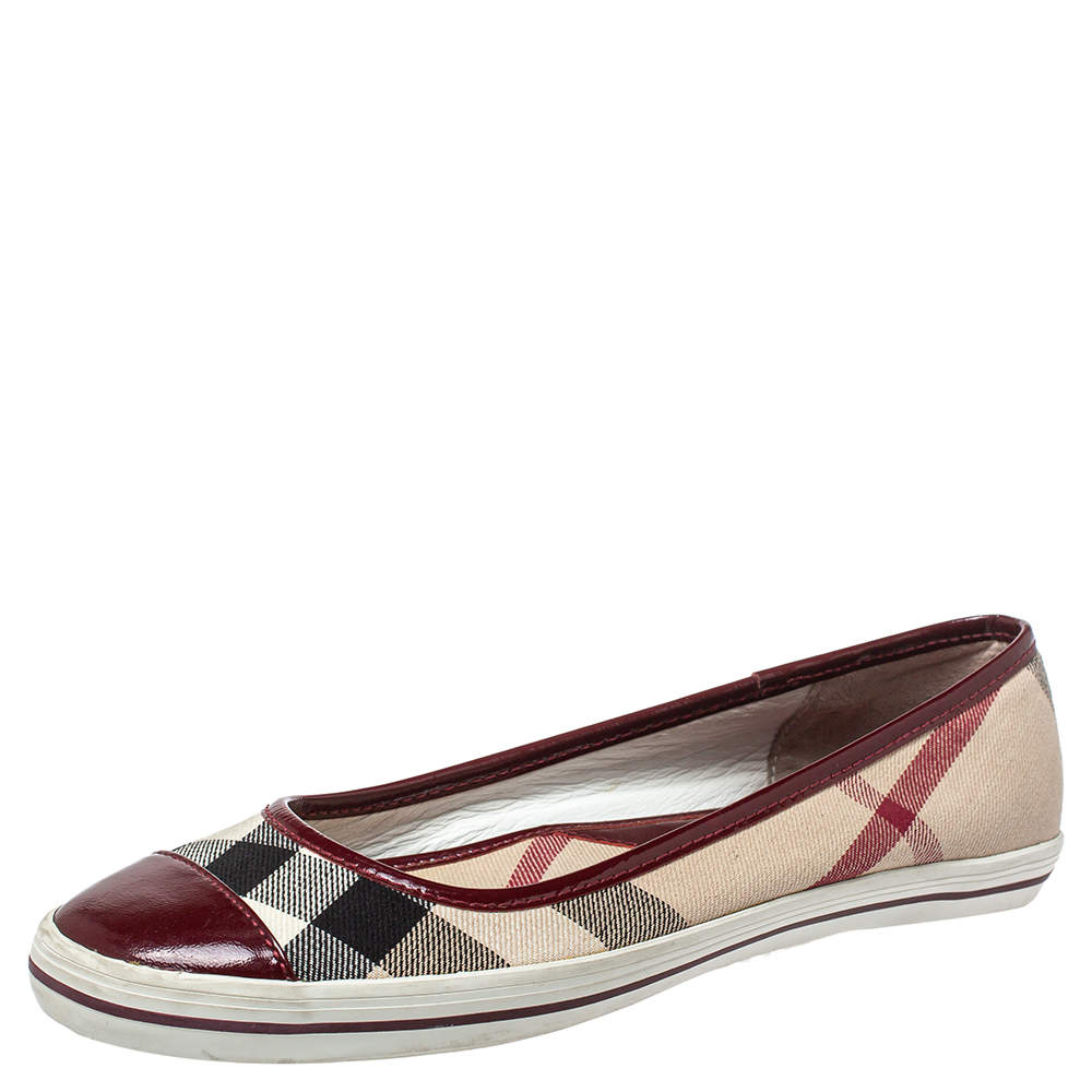 Pre Owned Burberry Multicolor Nova Check Canvas And Patent Leather Cap Toe Ballet Flats Size 39