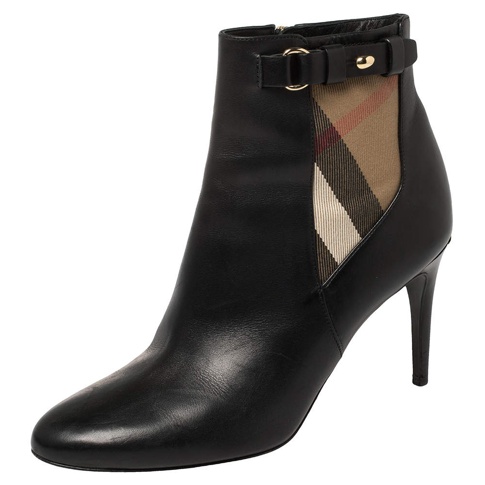 Pre Owned Burberry Black Leather And Nova Check Canvas Ivybridge Boots Size 38