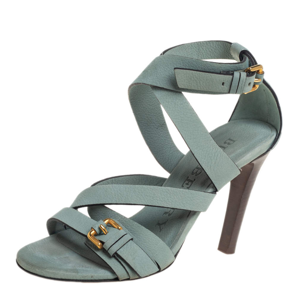 Burberry Chalk Green Nubuck Leather Aviator Ankle Strap Sandals Size 37