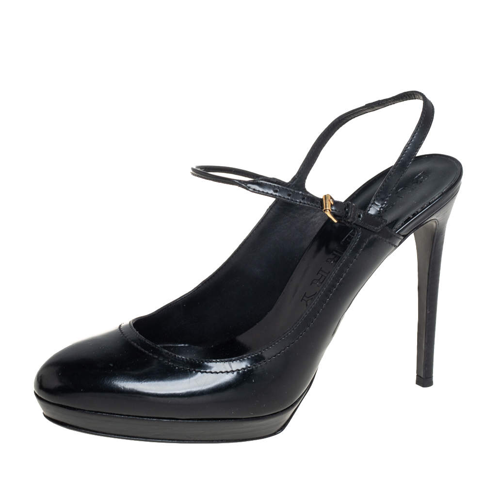 Pre Owned Burberry Black Patent Leather Slingback Platform Sandals Size 40