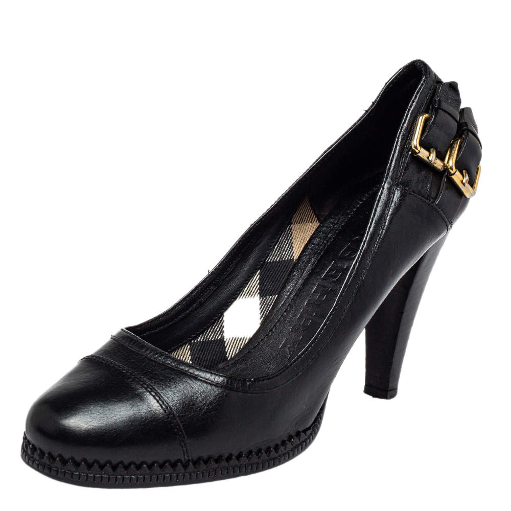 Pre Owned Burberry Black  Leather  Buckle Block Heel Pumps Size 38
