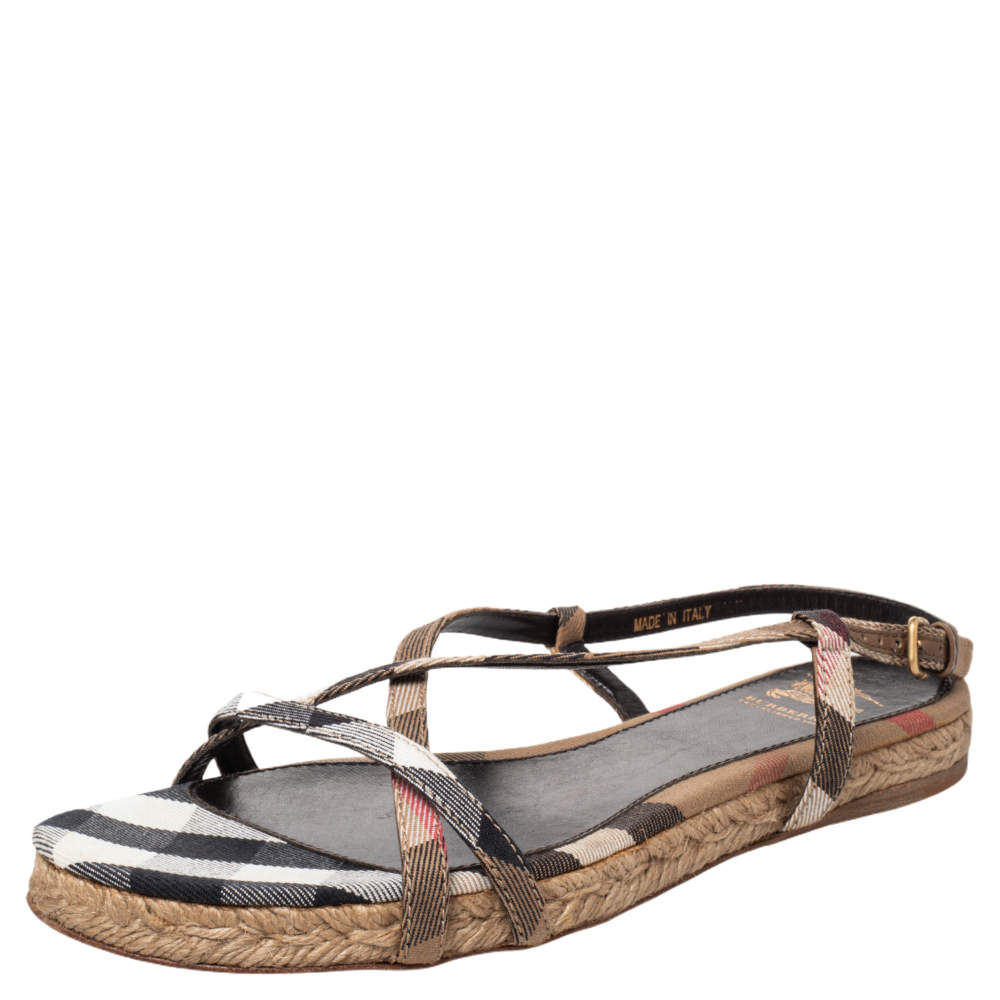 Burberry Multicolor Check Canvas Espadrille Flat Slingback Sandals Size 38