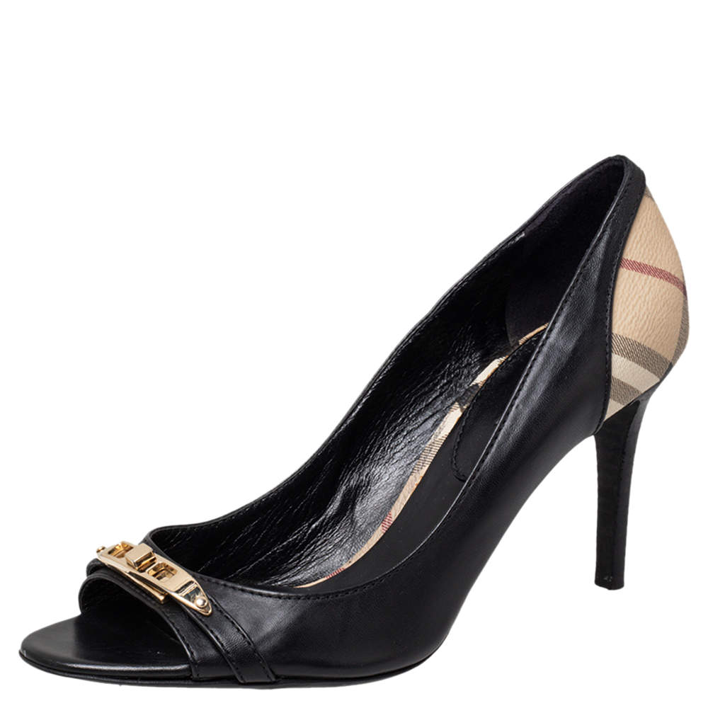 مملوكة مسبقًا Burberry Black Leather And Check Coated Canvas Embellished Open Toe Pumps Size 41