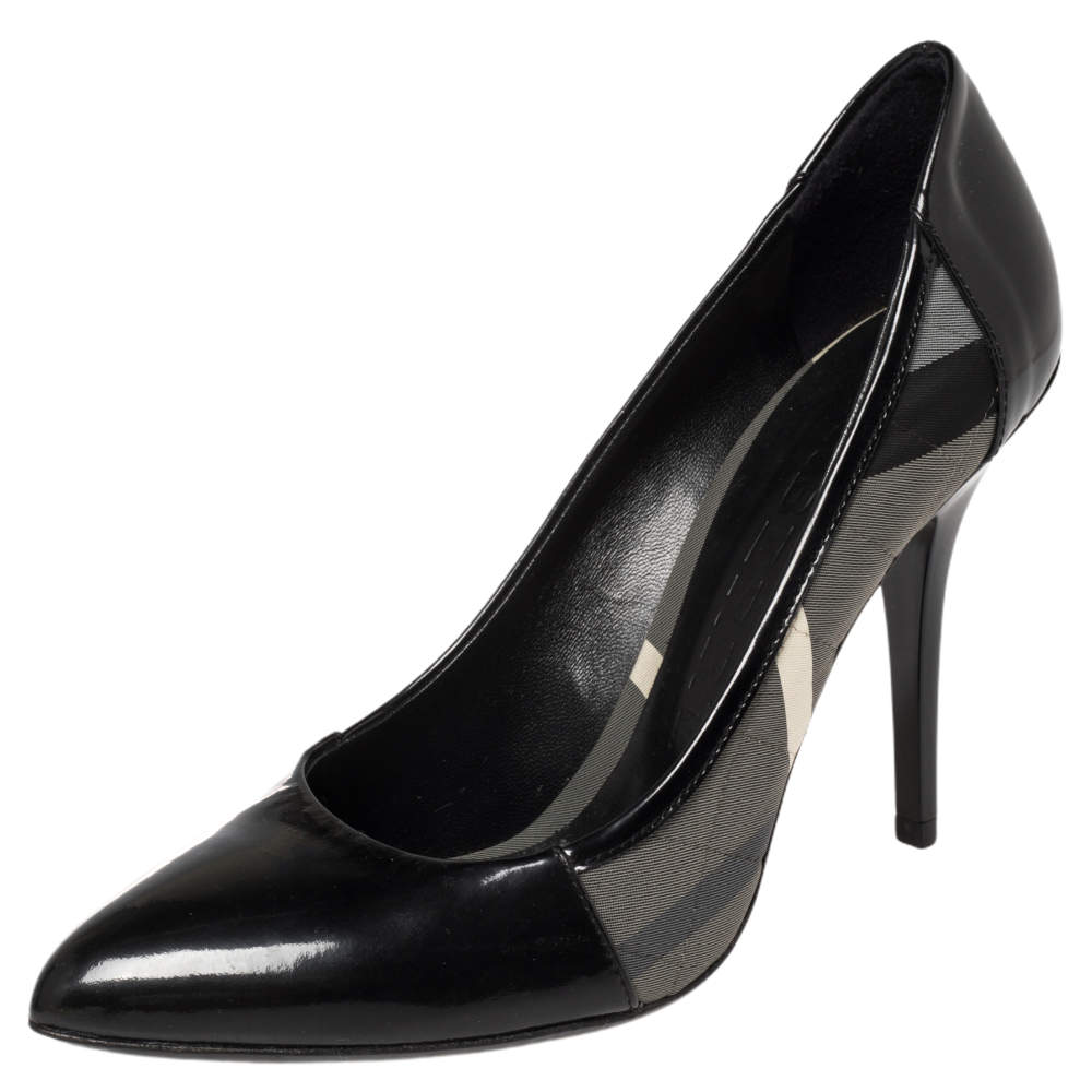 Pre Owned Burberry Black Nova Check Fabric And Patent Leather Pointed Toe Pumps Size 39.5
