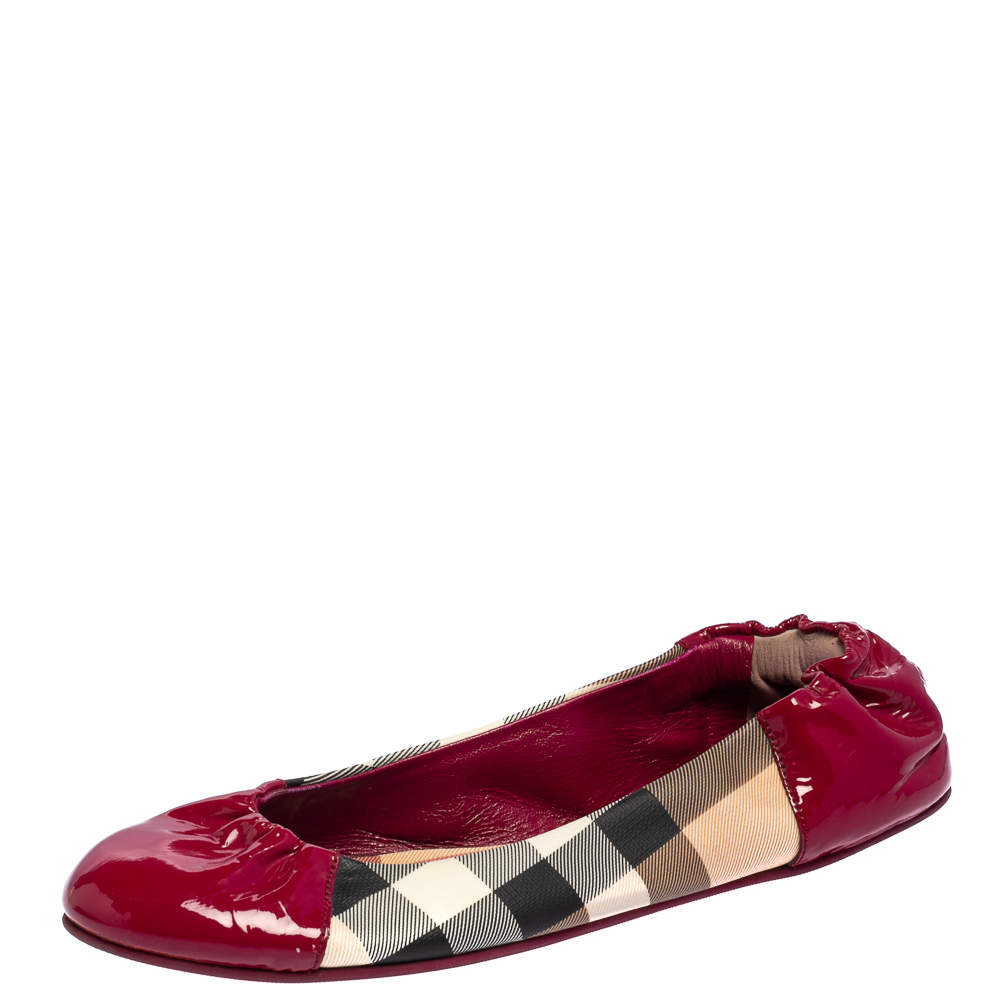 Burberry Pink Patent Leather and Nova Check Coated Canvas Scrunch Flats Size 38