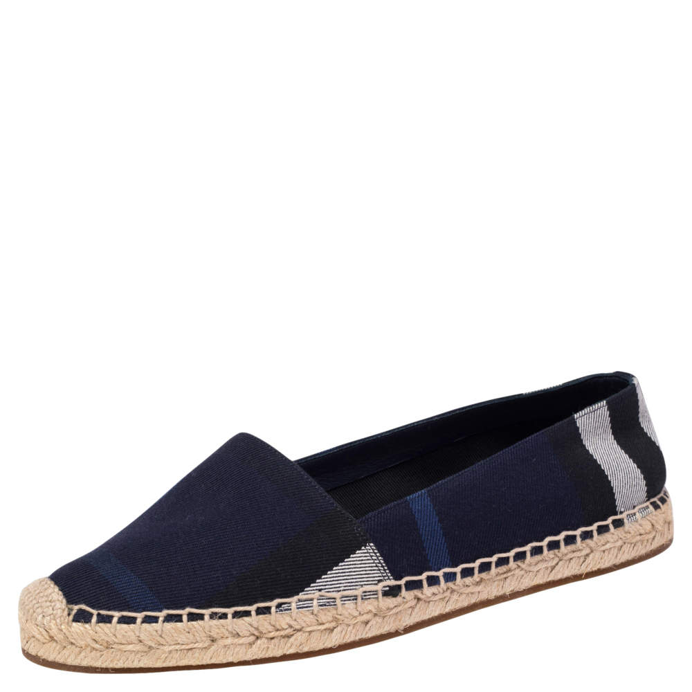 Pre Owned Burberry Navy Blue House Check Canvas Espadrilles Flats Size 38.5