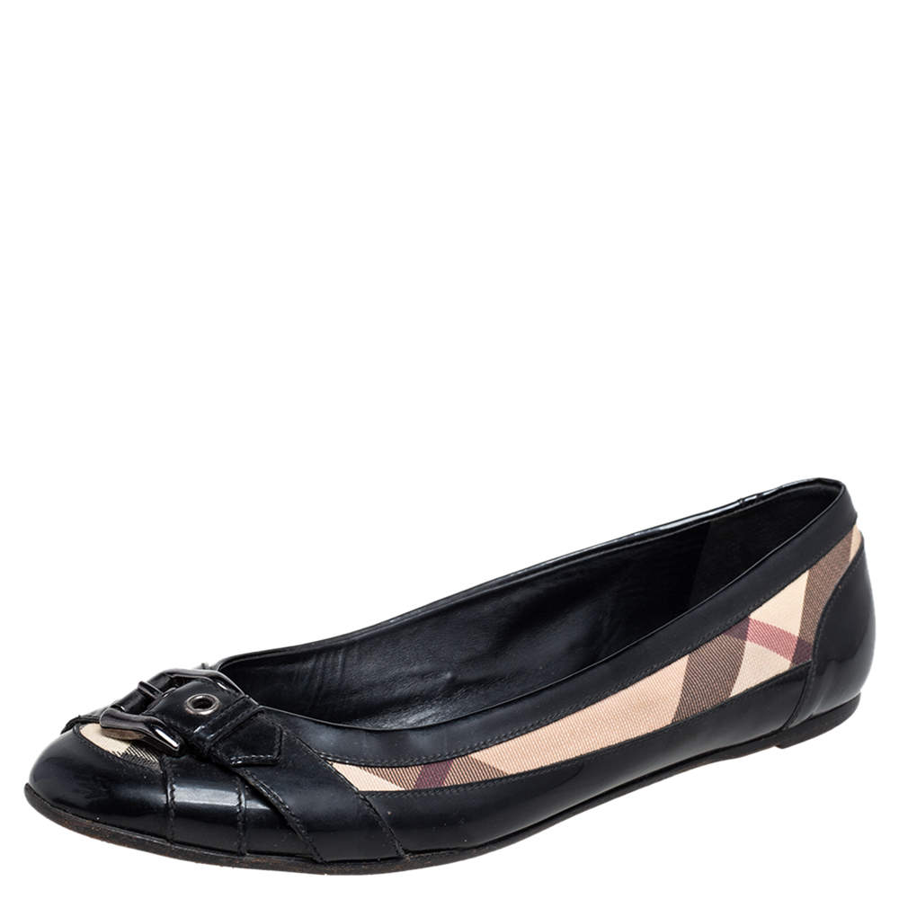 مملوكة مسبقًا حذاء فلات بربري جلد لامع وكانفاس مقوى نوفا تشيك وأسود مقاس 40