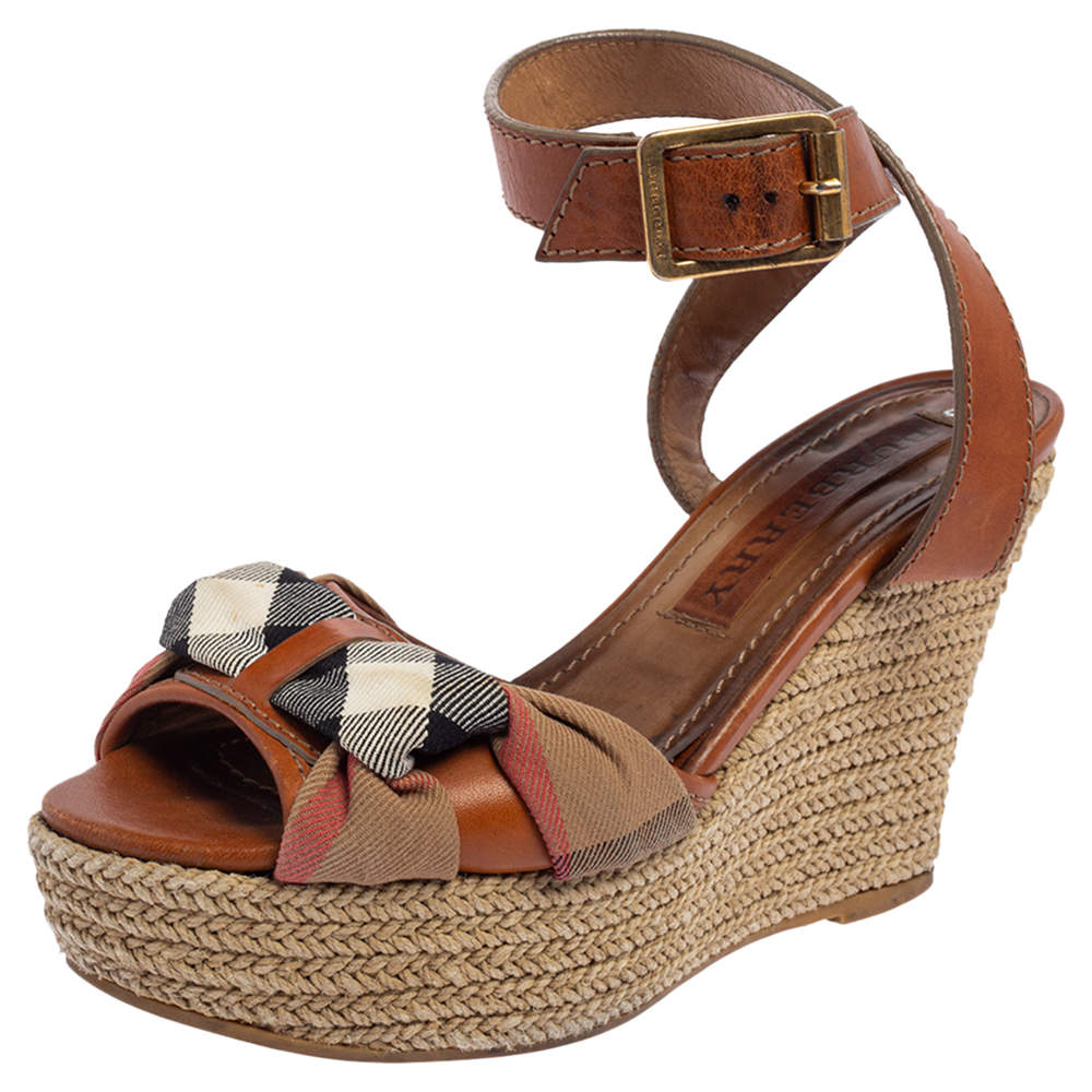 Burberry Brown Leather And Canvas Espadrille Ankle Wrap Wedge Platform Sandals Size 36.5