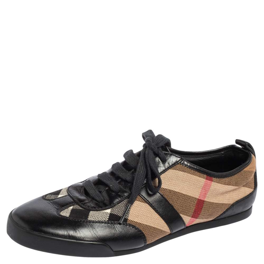 Burberry Black Leather And Nova Check Canvas Lace Up Sneakers Size 36
