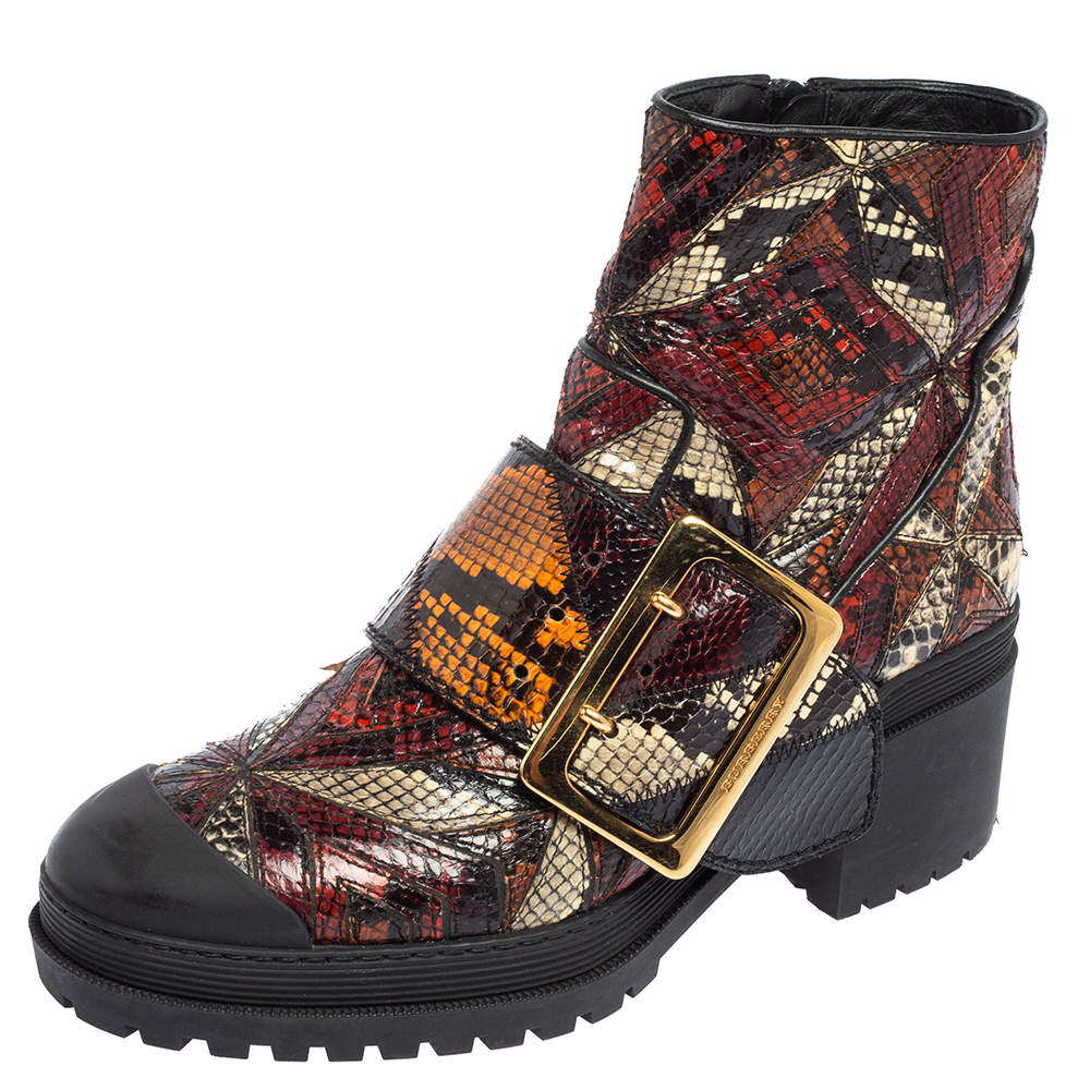 Pre Owned Burberry Multicolor Python Embossed Leather Buckle Detail Combat Boots Size 38