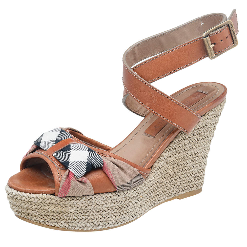 Burberry Brown Leather And Canvas Espadrille Ankle Wrap Wedge Platform Sandals Size 38