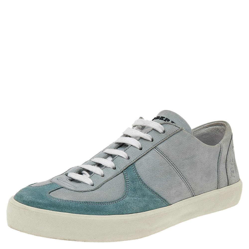 Pre Owned Burberry Teal Green/Grey Suede and Leather Low-Top Sneakers Size 39