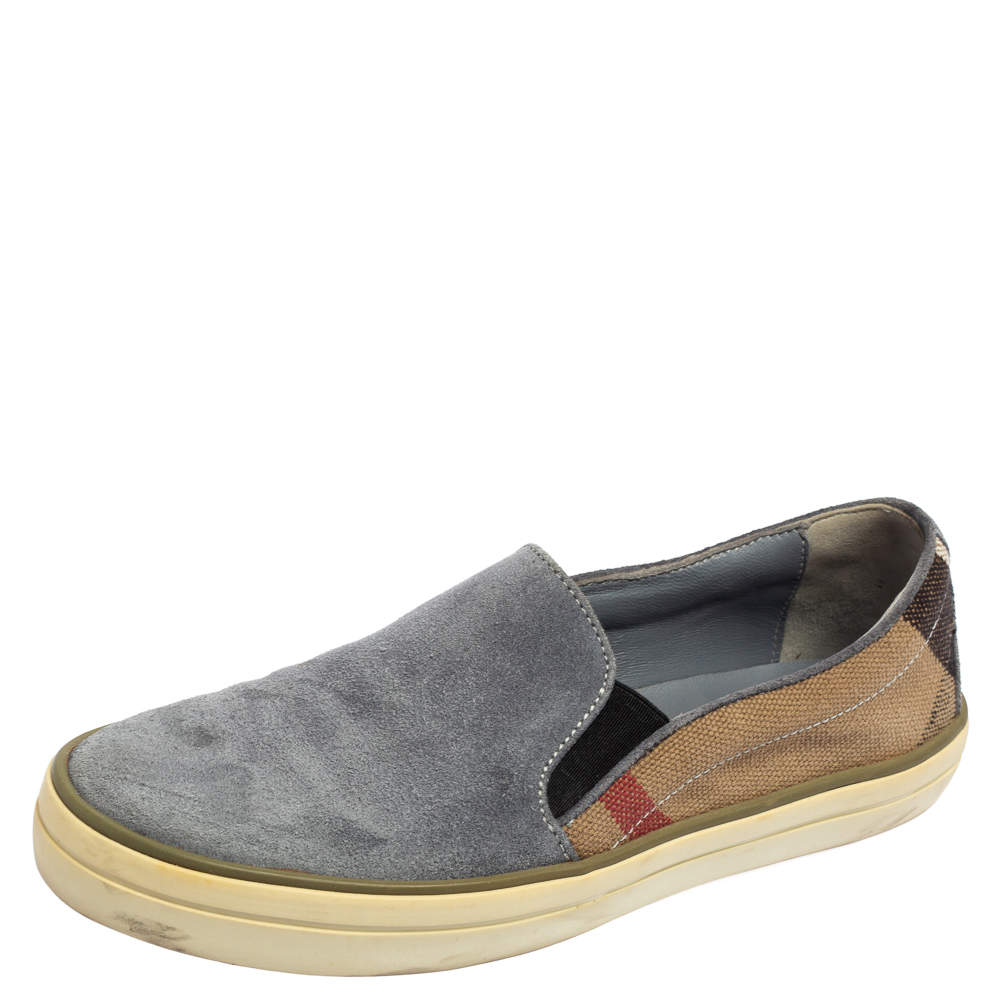 Burberry Ash Blue Suede and House Check Canvas Slip-On Sneakers Size 36.5