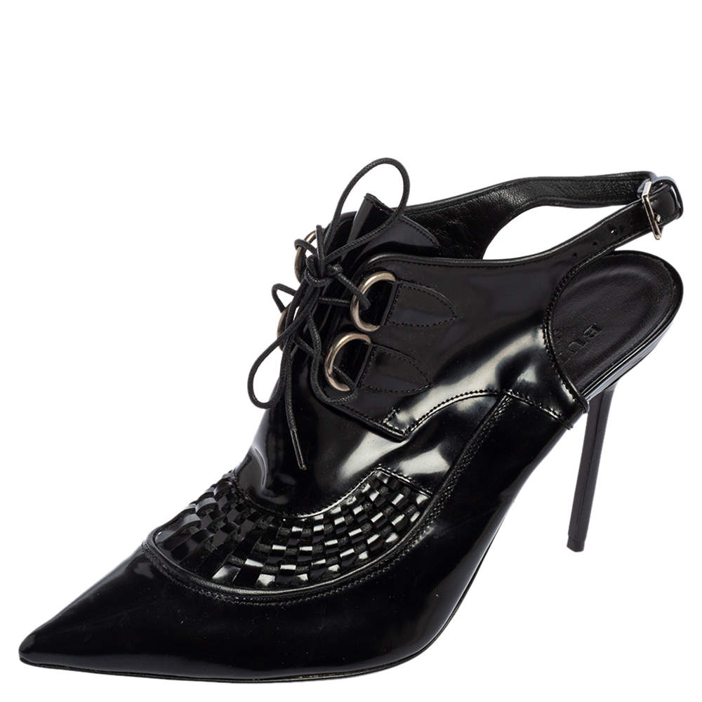 Pre Owned Burberry Black Patent Leather Buckton Pointed-Toe Slingback Pumps Size 39