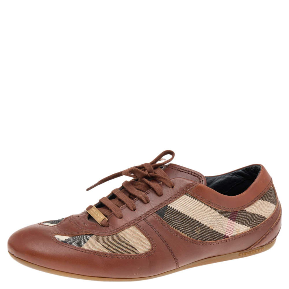 مملوكة مسبقًا حذاء رياضي بربري منخفض أعلى جلد وكانفاس كاروهات نوفا بني/ بيج مقاس 39