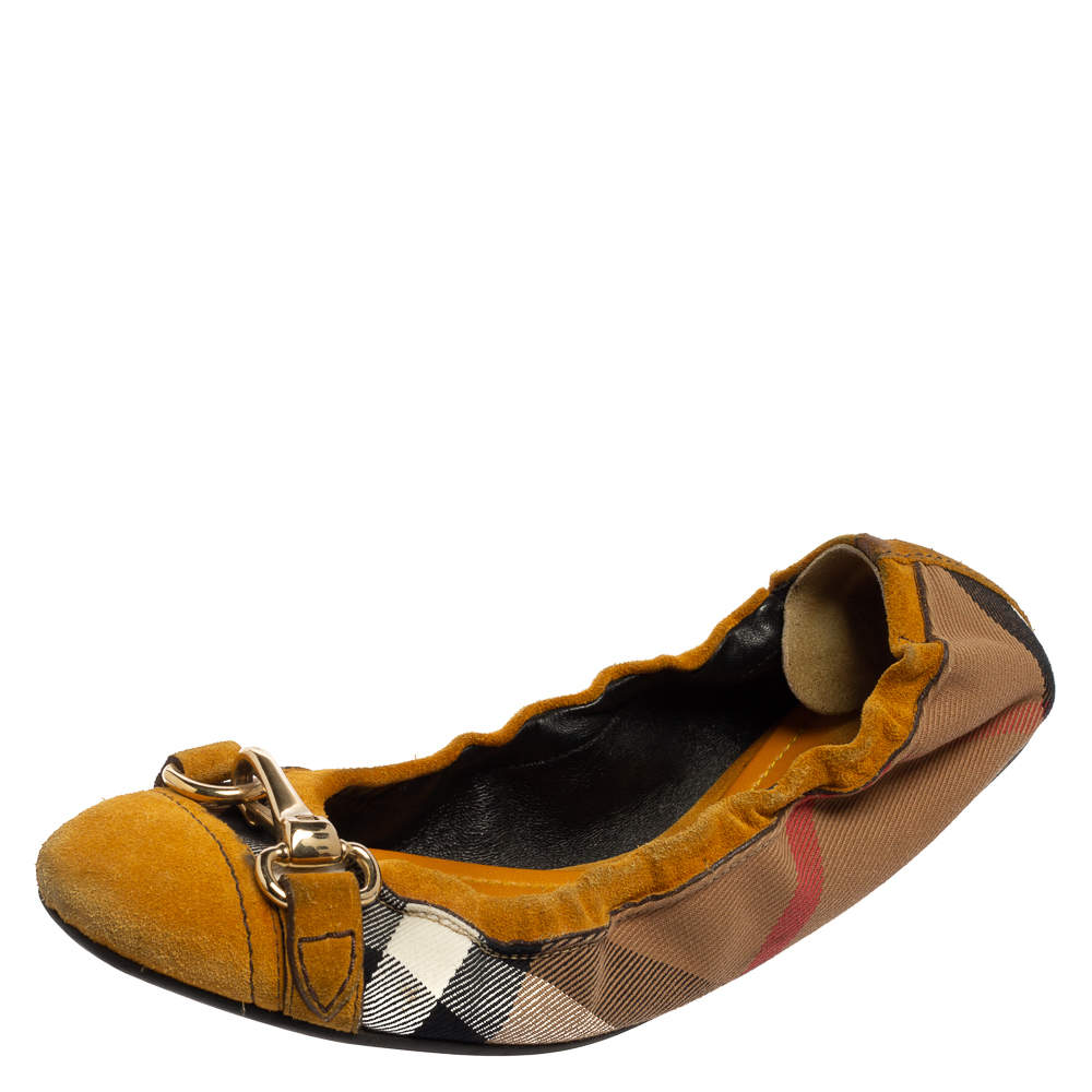 Pre Owned Burberry Yellow/Black Nova Check Suede And Canvas Scrunch Ballet Flats Size 39