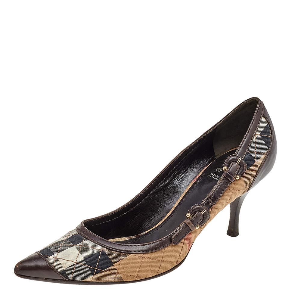Pre Owned Burberry Beige/Brown House Check Canvas And Leather Buckle Detail Pointed Toe Pumps Size 39
