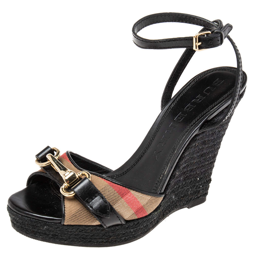 Burberry Black/Beige Canvas And Leather Espadrille Wedge Sandals Size 39