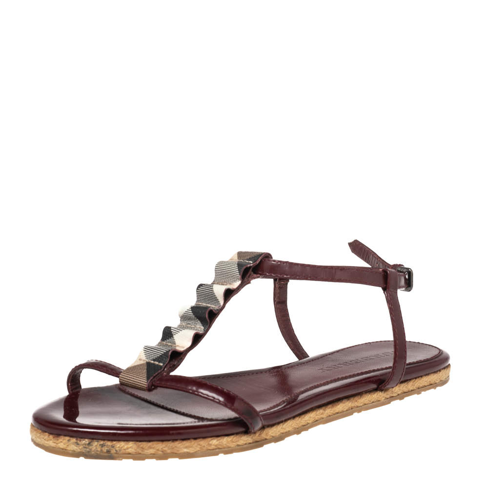 Pre Owned Burberry Burgundy Patent Leather and Nova Check Coated Canvas T-Strap Flat Sandals Size 38