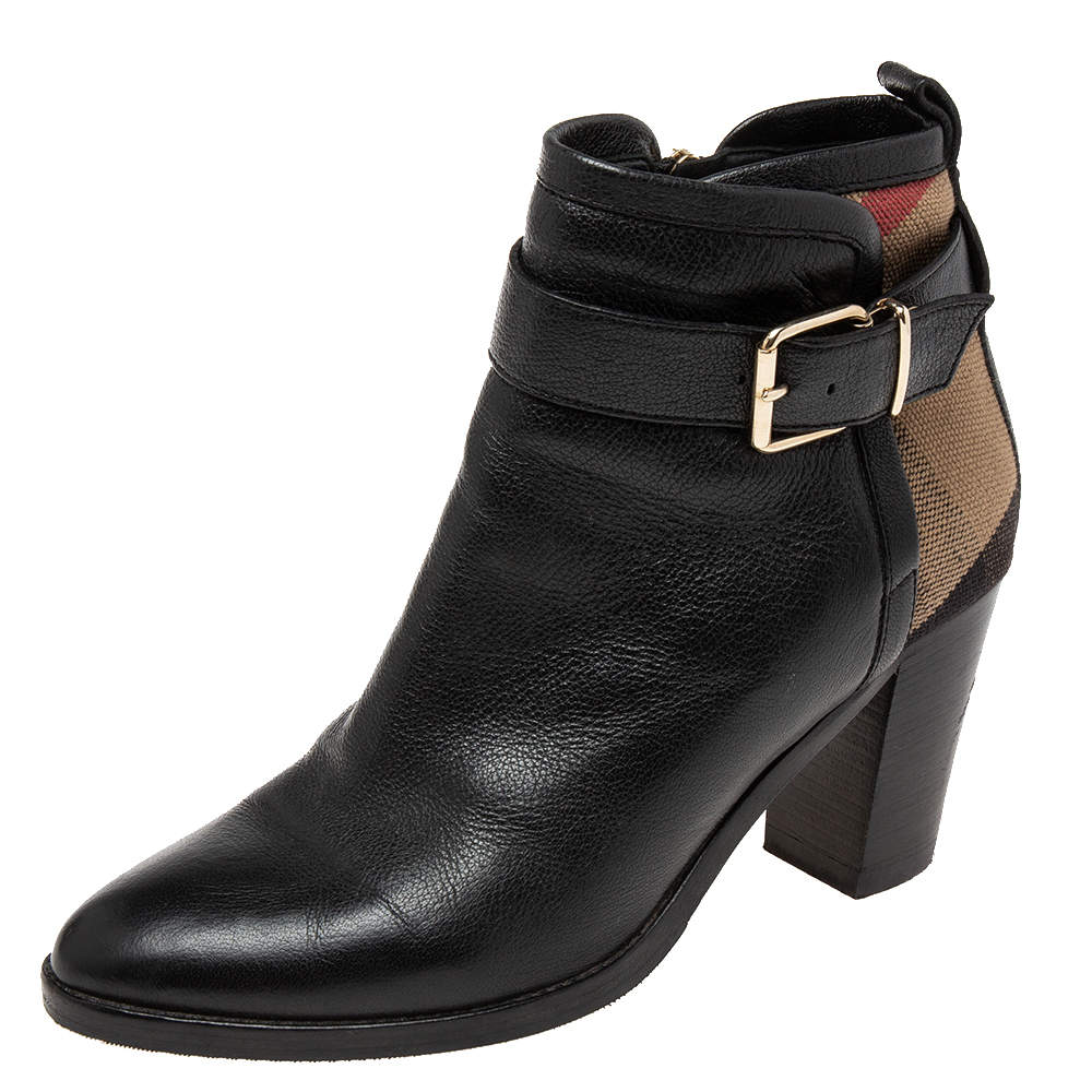 Pre Owned Burberry Black Leather And Nova Check Canvas Stebbingford Ankle Boots Size 38