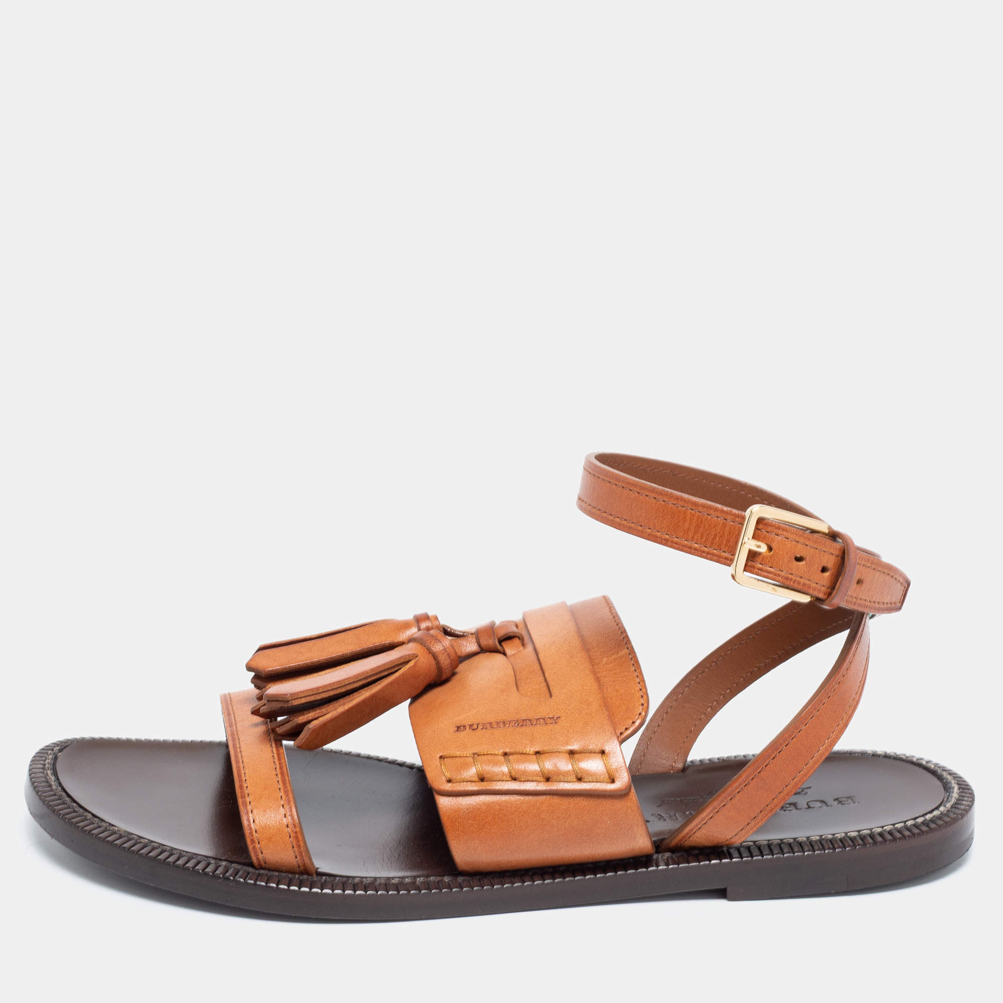 Burberry Cognac Brown Leather Bethany Flat Ankle-Strap Sandals Size 38  Burberry | TLC