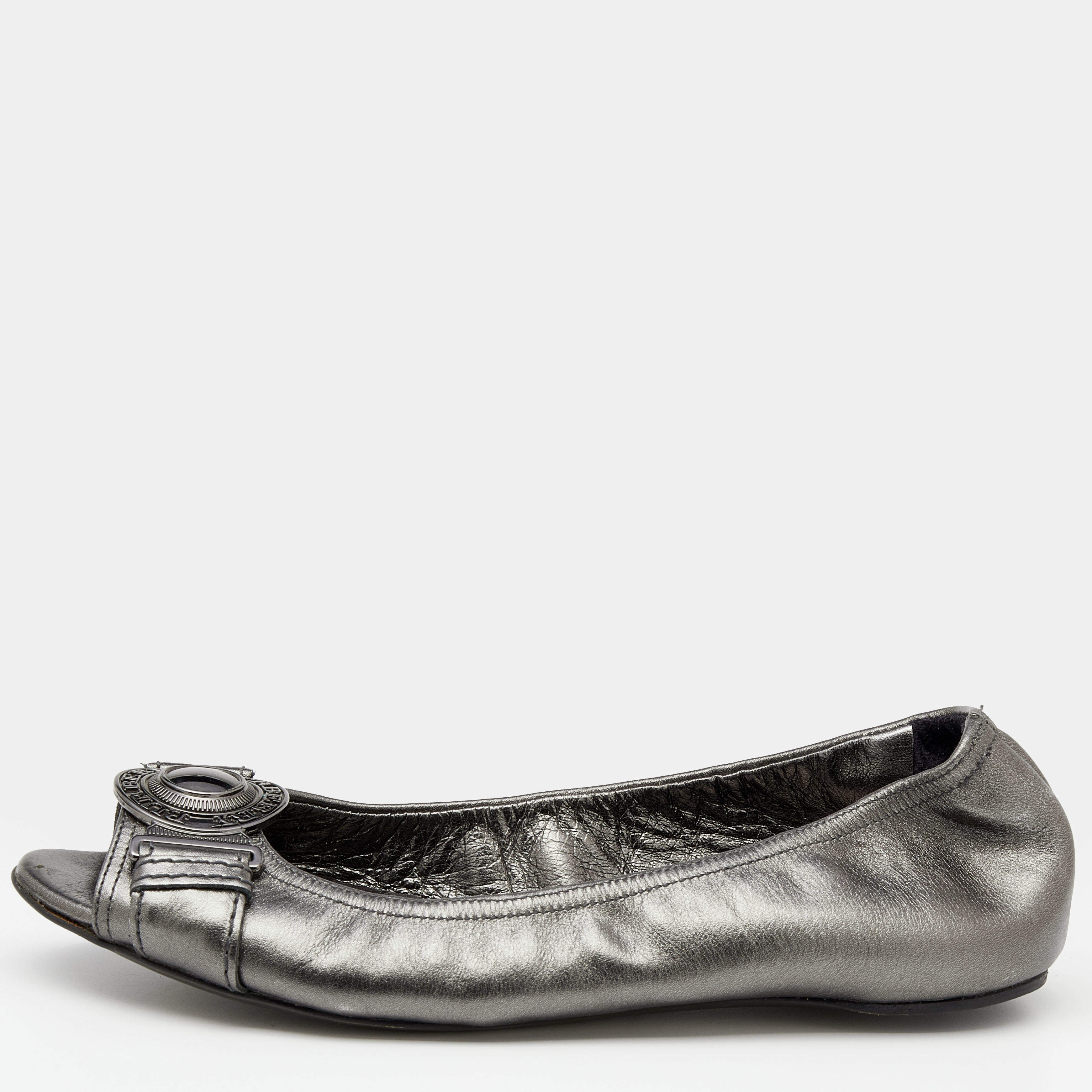 Pre Owned Burberry Metallic Grey Leather Peep Toe Scrunch Ballet Flats Size 36.5