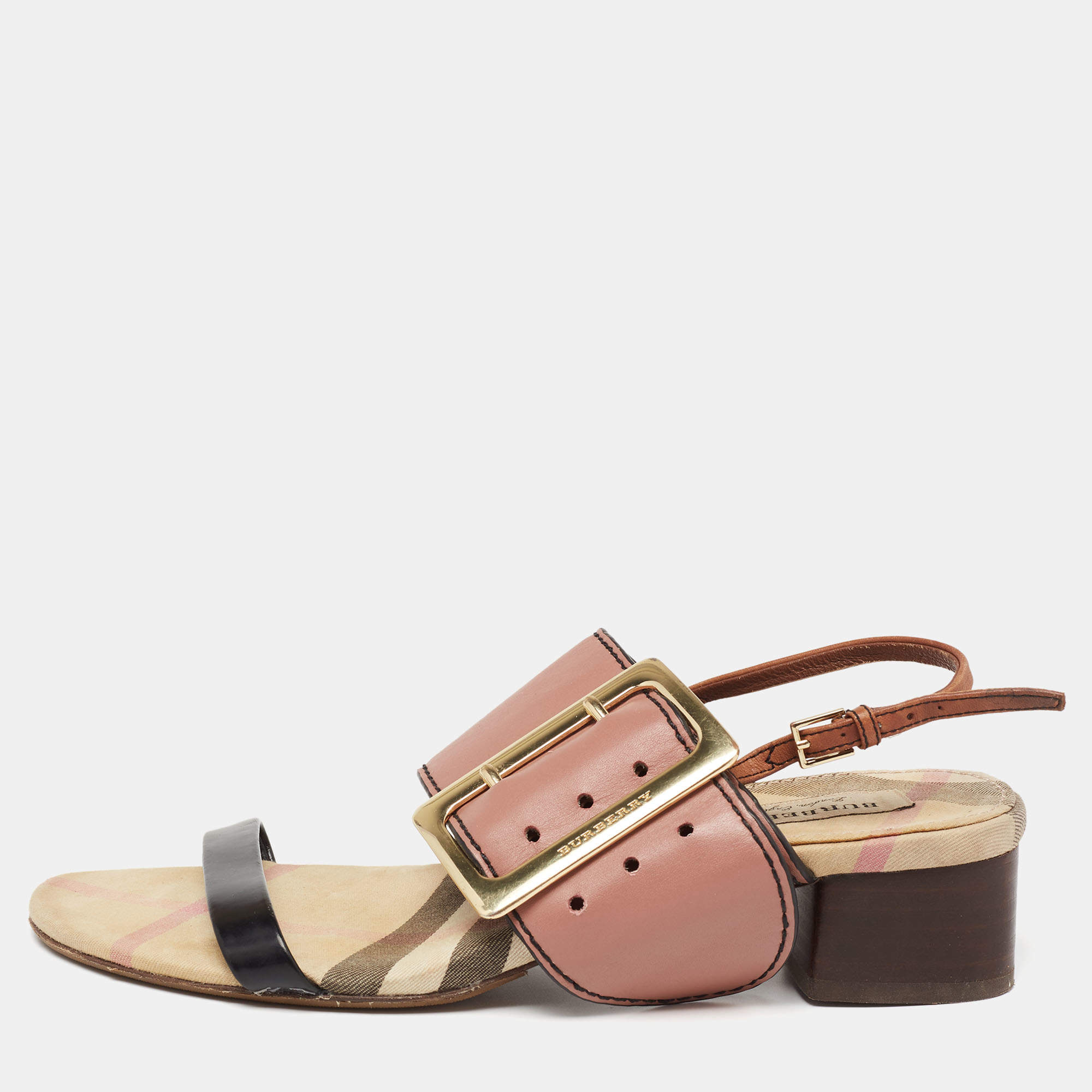 مملوكة مسبقًا صندل بربري سولي ترنش خلفي جلد ثلاثي اللون بإبزيم وحزام كاحل مقاس 38