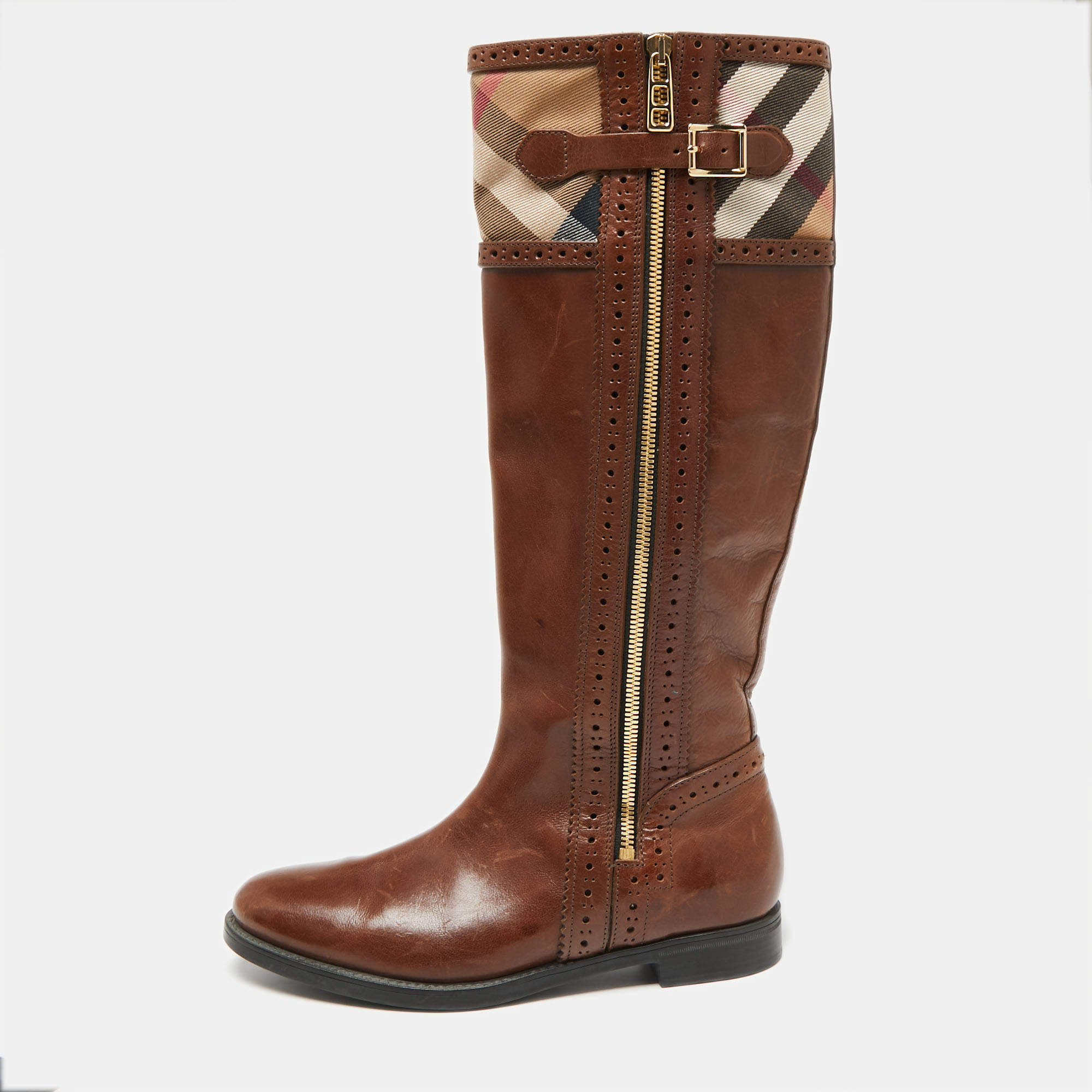 Burberry Brown House Check Leather Knee Length Rider Boots Size 36 Burberry  | TLC