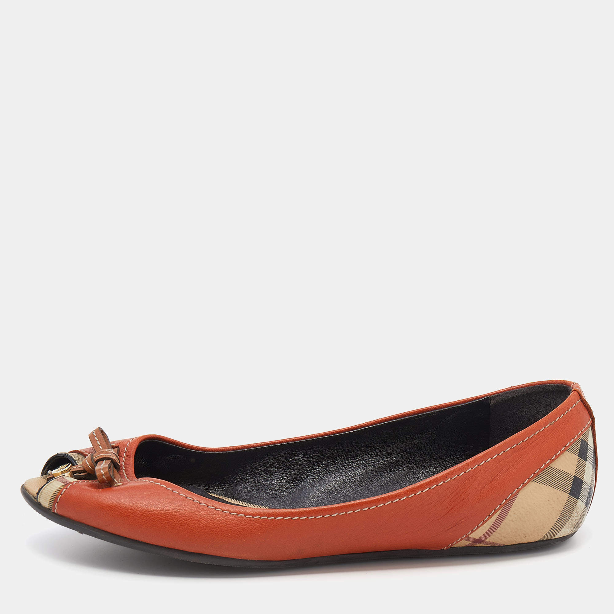 Burberry Orange/Beige Leather And Haymarket Coated Canvas Bow Peep Toe Ballet Flats Size 39