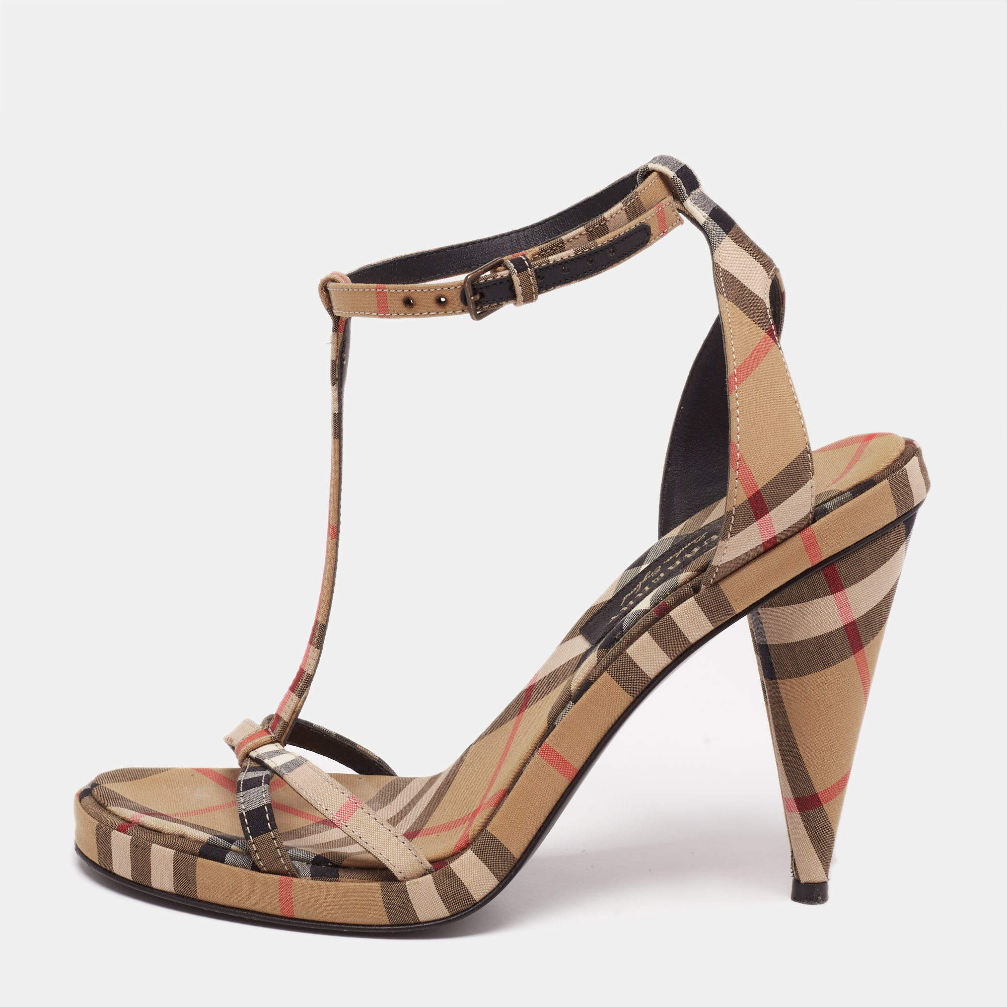 Pre Owned Burberry Beige House Check Fabric T Strap Cone Heel Sandals Size 36.5 
