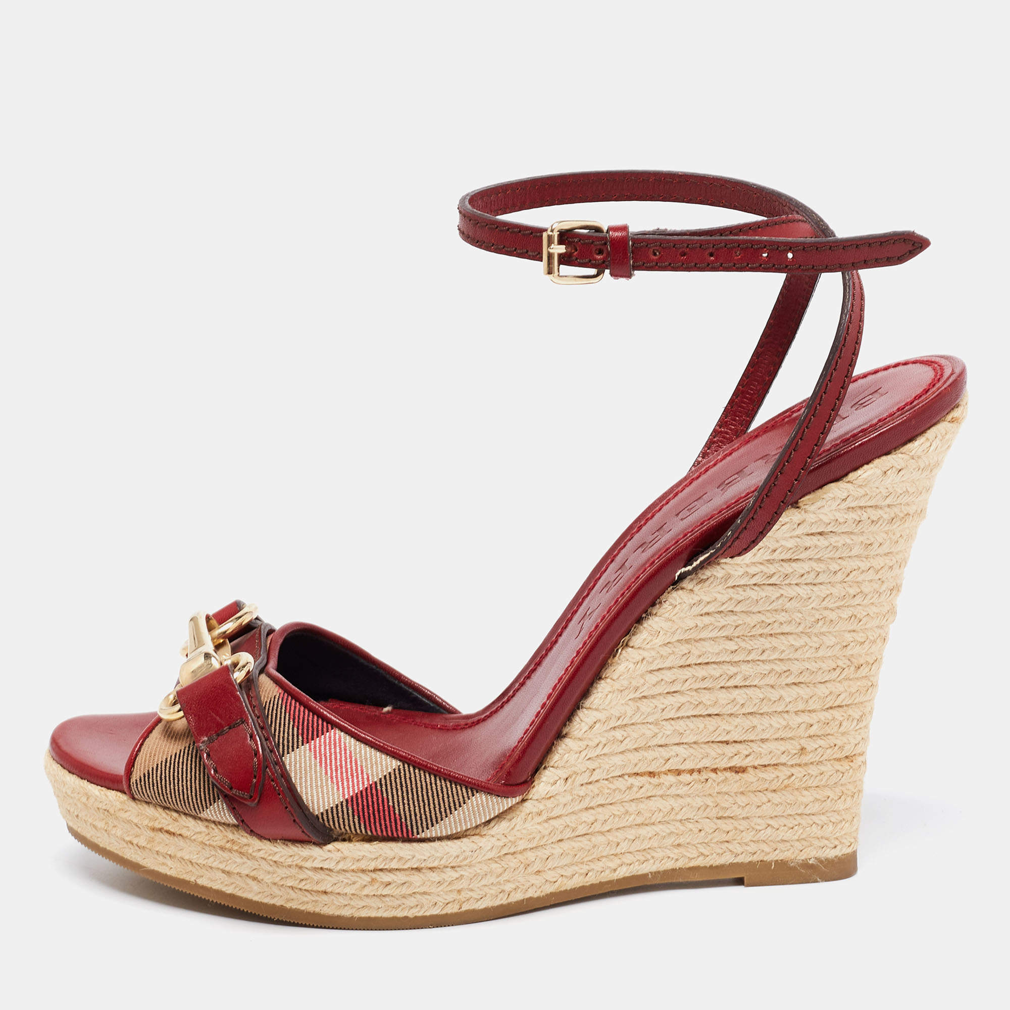 Burberry Red/Beige Check Canvas And Leather Espadrille Wedge Ankle Strap Sandals Size 41