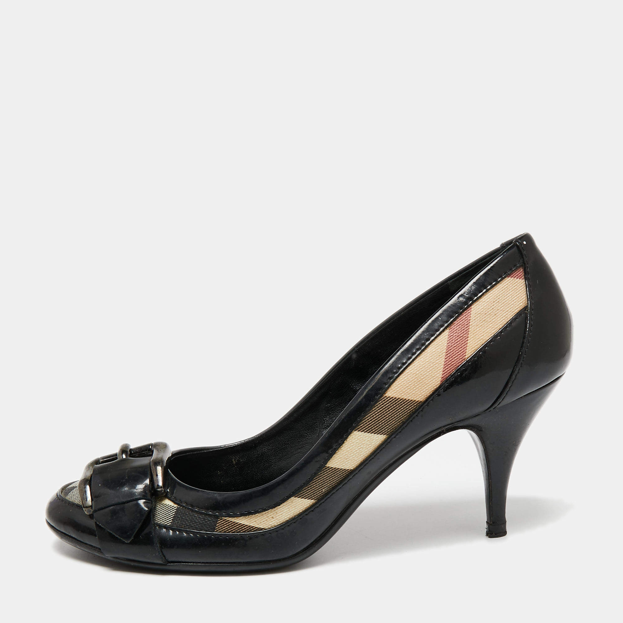 Burberry Black/Beige Patent Leather and House Check Canvas Pumps Size 37