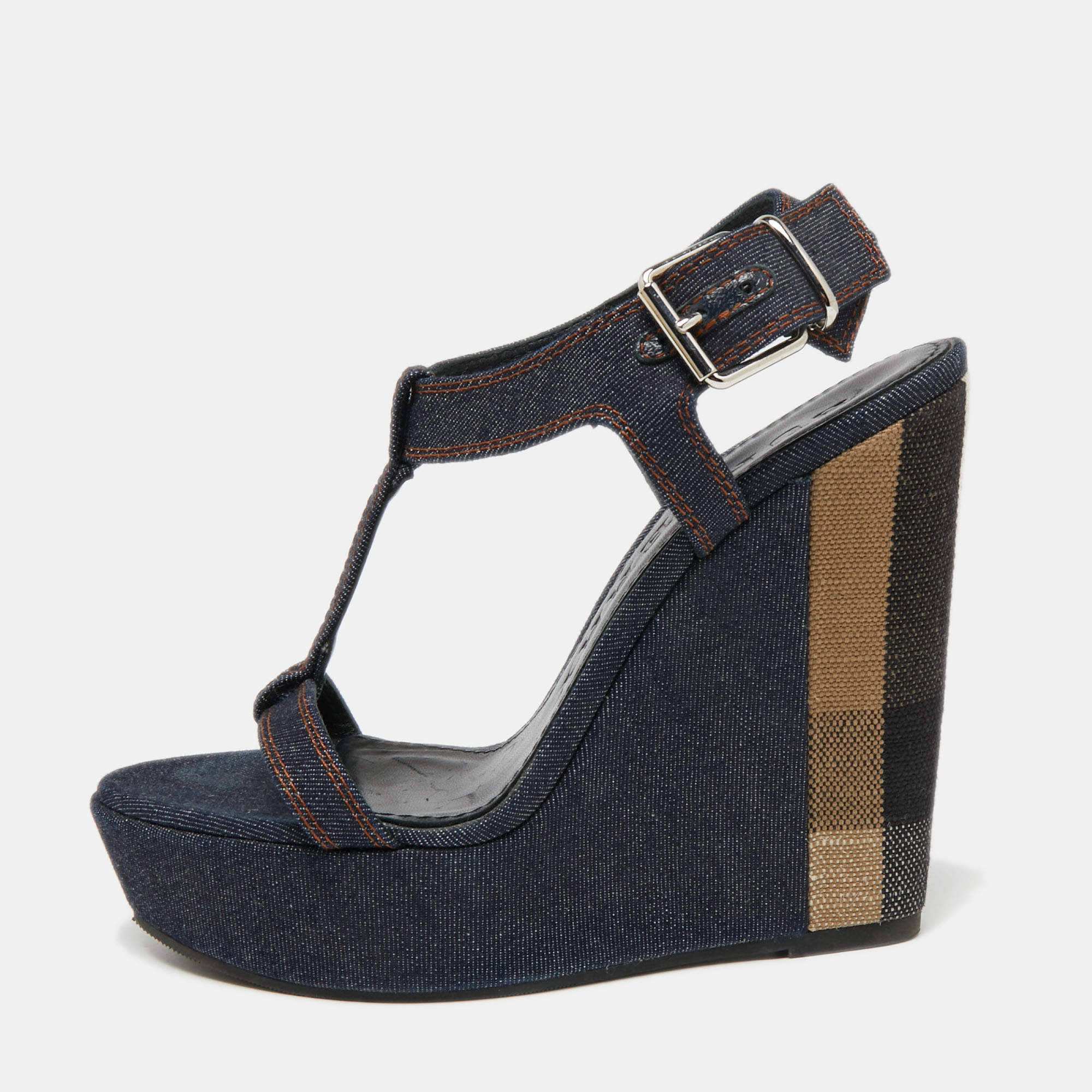 Pre Owned Burberry Navy Blue Denim T-Strap Wedge Sandals Size 38.5