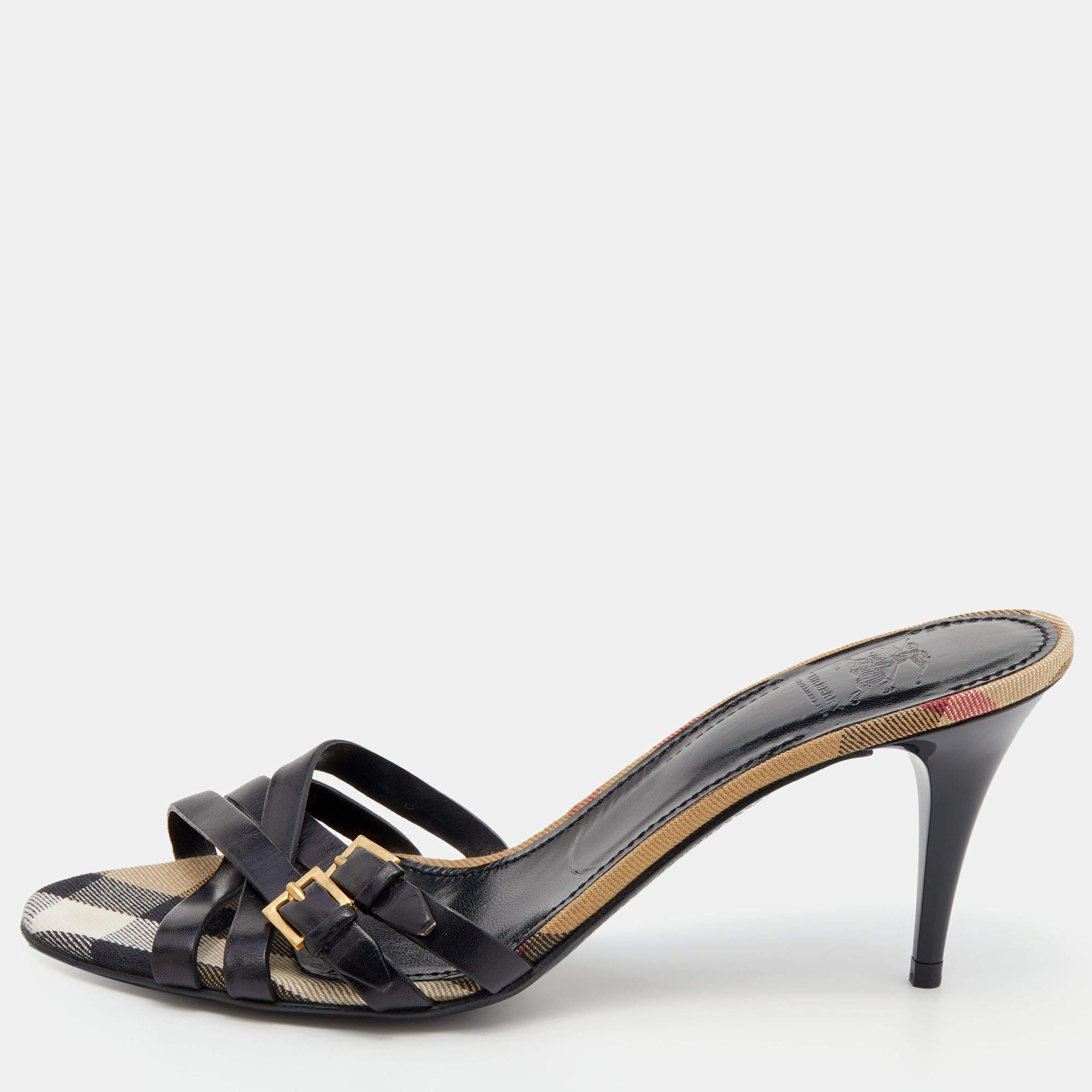 Burberry Black Leather Cross Strap Buckle Detail Slides Size 38