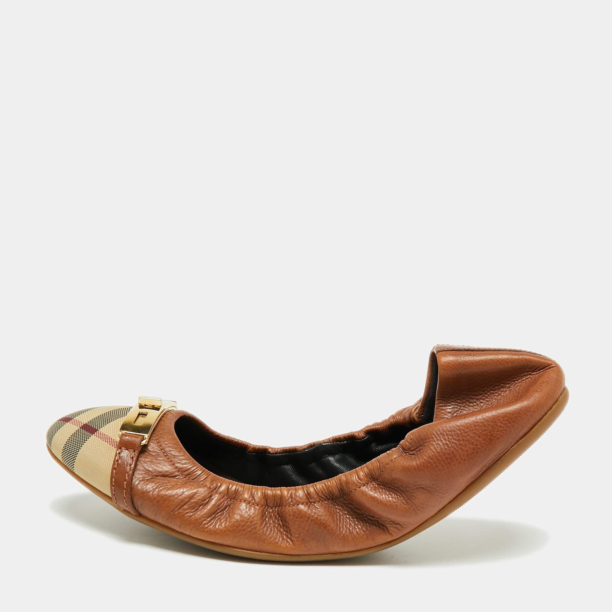 Pre Owned Burberry Brown/Beige Nova Check Canvas And Leather Scrunch Ballet Flats Size 39