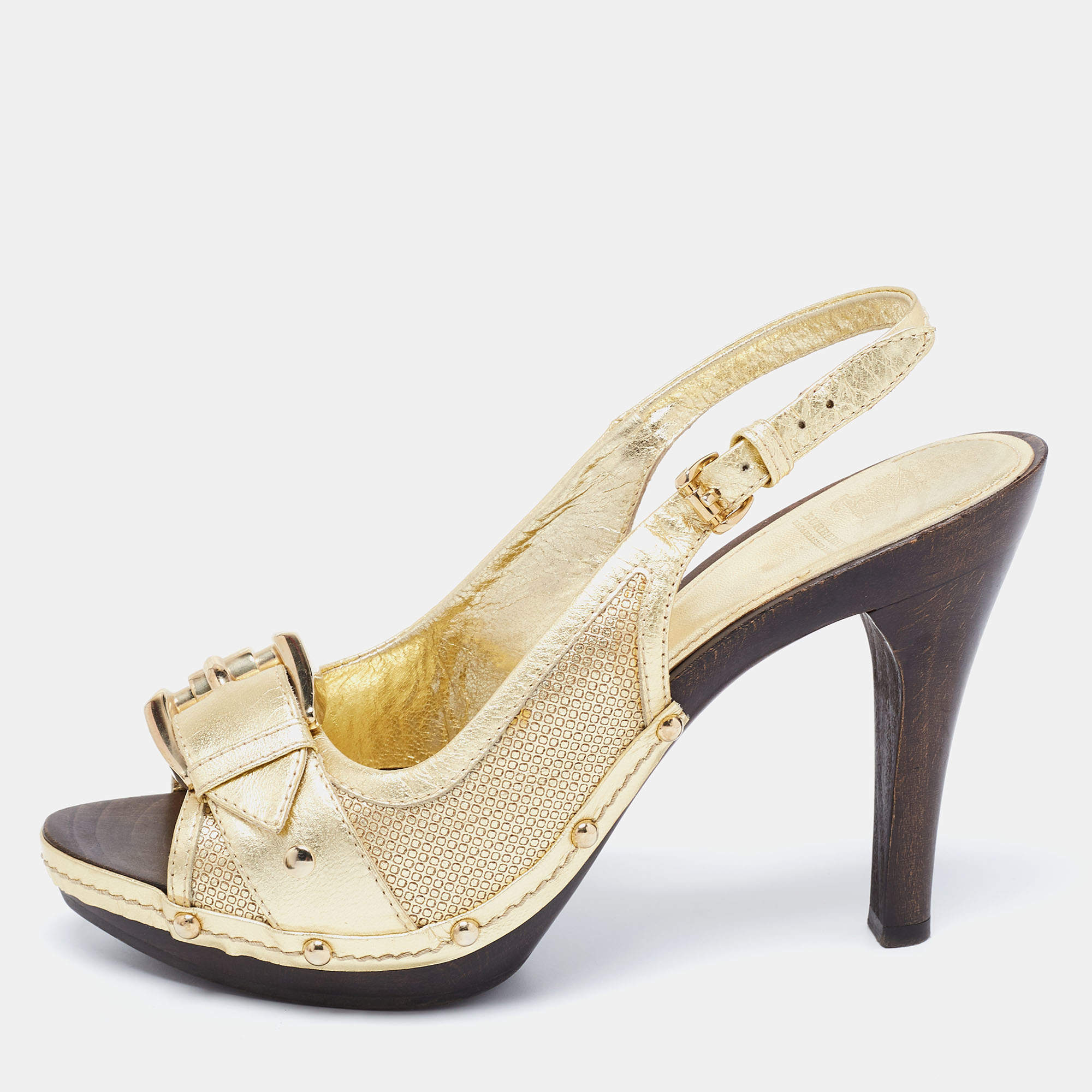 Burberry Gold Leather Peep-Toe Slingback Sandals Size 38 Burberry | TLC