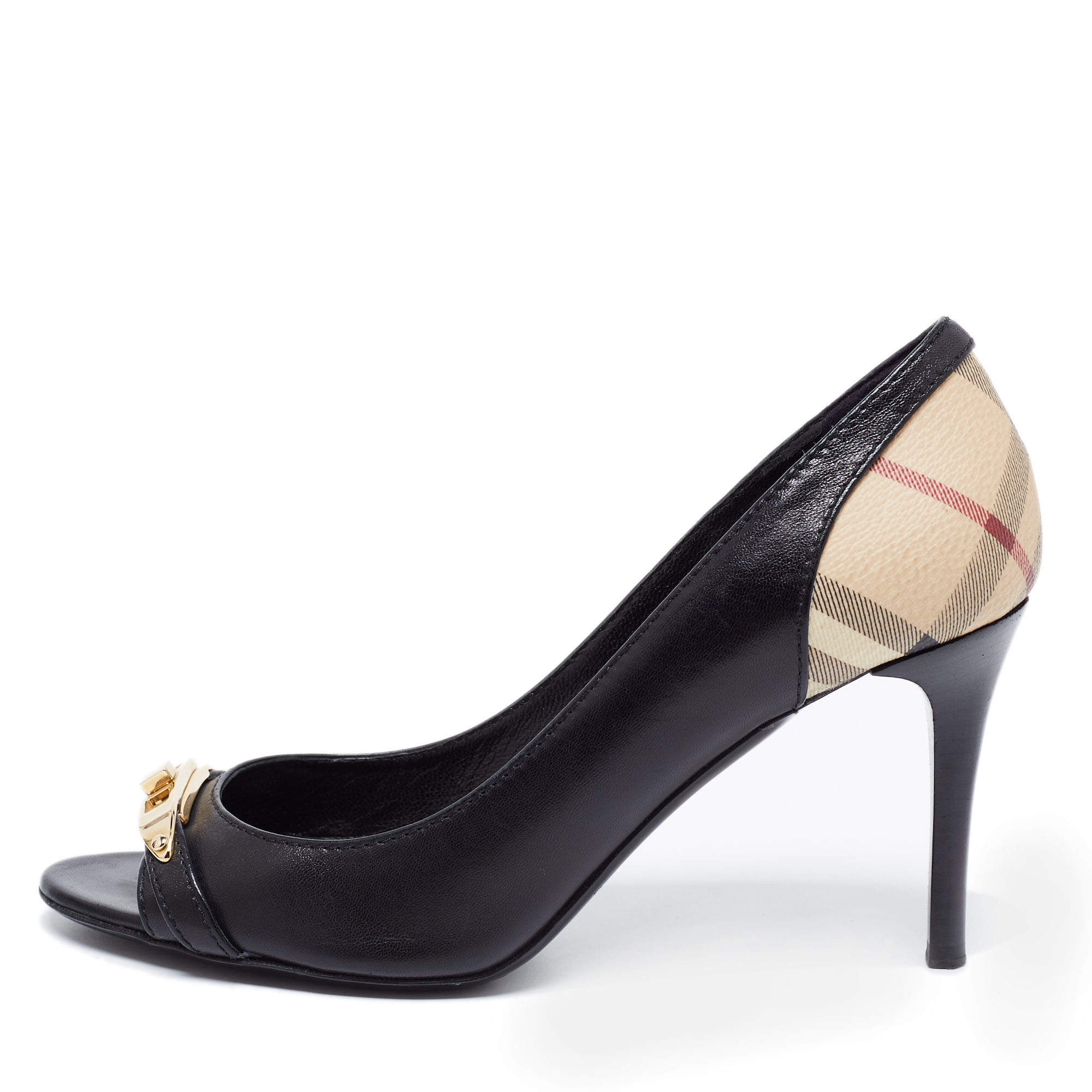 Pre Owned حذاء كعب عالي بربري باينينغ كانفاس كاروهات نوفا وجلد أسود مقدمة مفتوحة مقاس 37