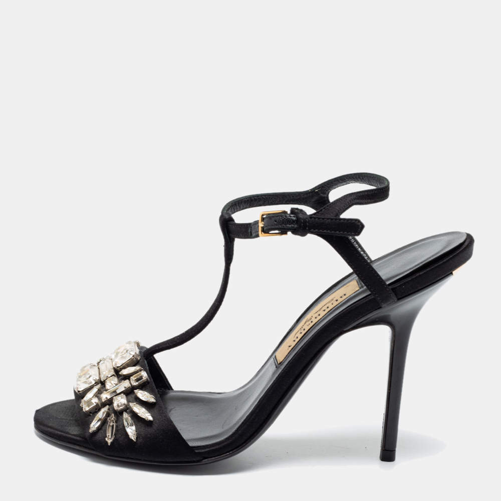 Pre Owned Burberry Black Satin Embellished T Strap Sandals Size 37