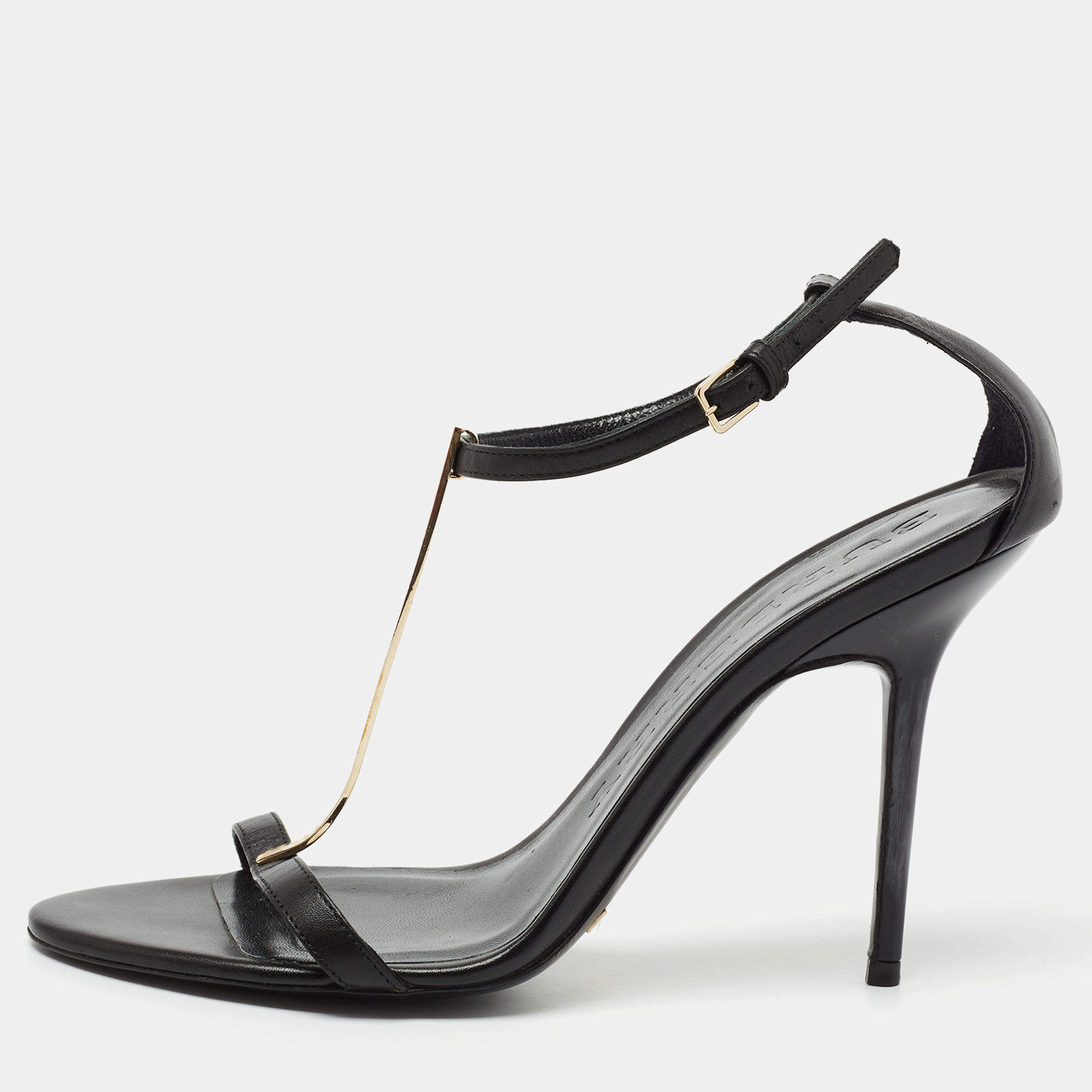 Pre Owned Burberry Black Leather T Strap Sandals Size 39