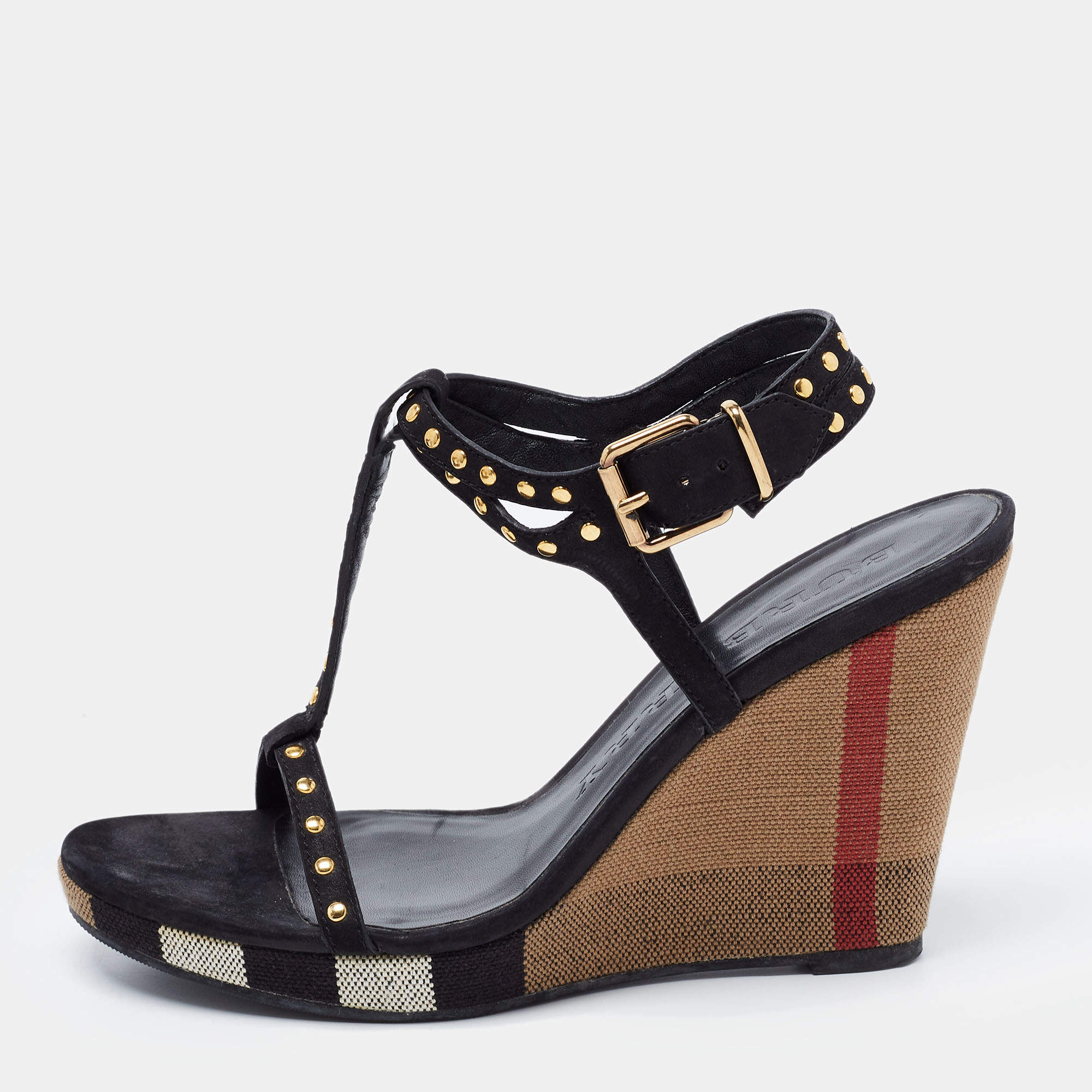 Burberry Black Leather Studded Platform Wedge Sandals Size 40