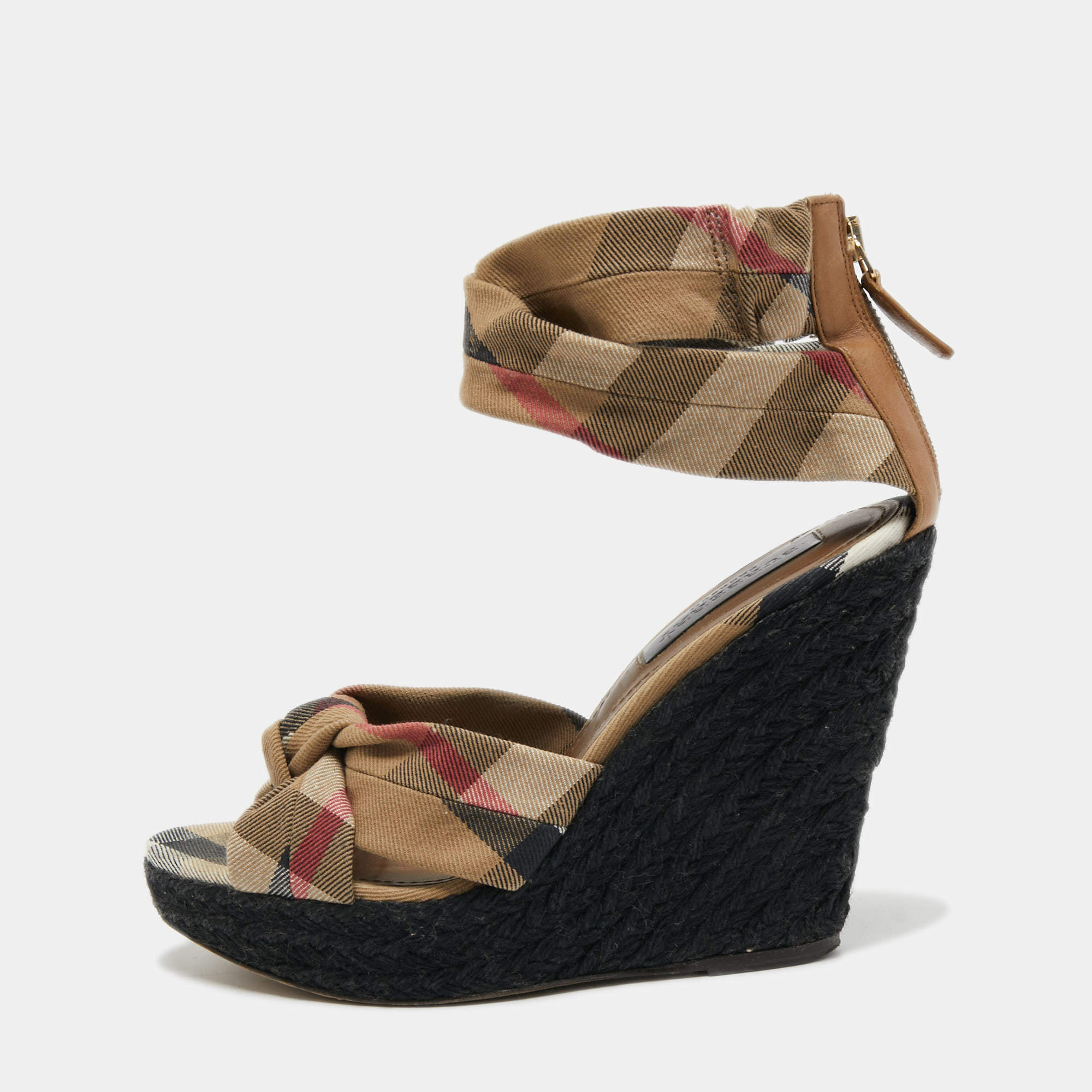 Pre Owned Burberry Light Brown Nova Check Canvas Ankle Strap Wedge Sandals Size 41