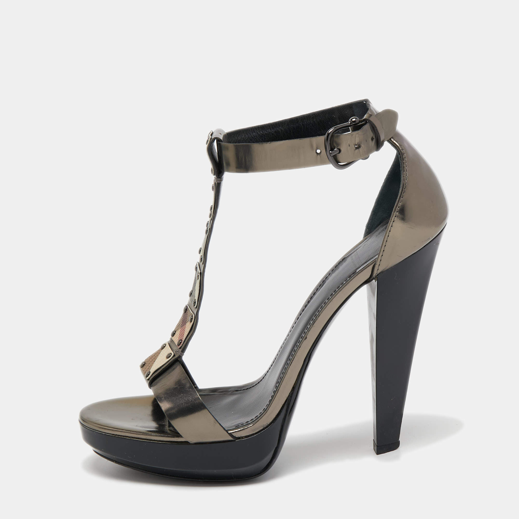 Burberry Bronze/Beige House Check Canvas And Leather Ankle Strap Sandals Size 39